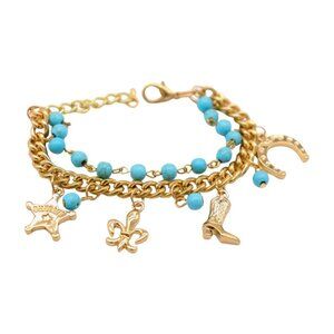 New Women Gold Metal Chain Western Bracelet Turquois Blue Horseshoe Boot Sheriff